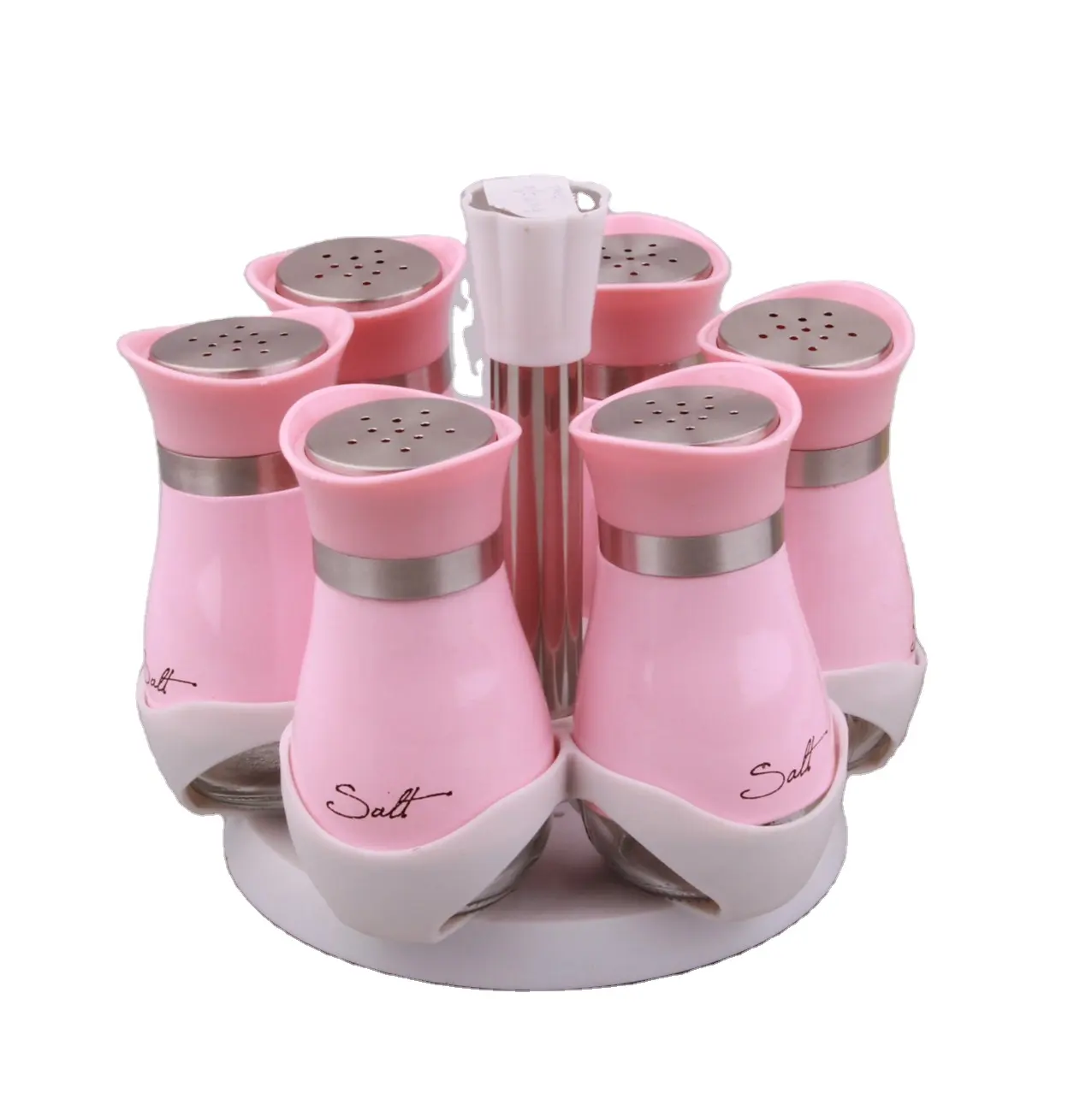 Wholesale best supplier set of 6pcs pink glass pepper spice jar rack set kitchen glass food container for home kitchen decor