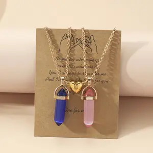 Vente en gros de pendentifs hexagonaux colorés Collier à breloques en forme de cœur magnétique Collier de couple en cristal fait à la main