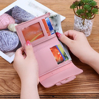Penjualan terlaris dompet kartu kulit PU wanita dompet pendek pelajar tas koin kecil warna polos dengan Logo kustom