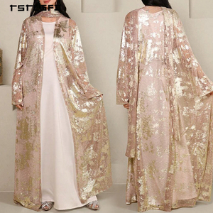 Women Black Chiffon Abaya Rhinestone Gold Floral Lace Applique <b>Flared</b> Bell Sleeve Self-Tie Waist Modest Luxury Evening Dress - Product Image 3