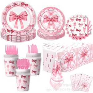 Kit de fournitures de fête avec nœud rose, assiettes jetables, gobelets, serviettes, fourchettes, cuillères, pailles pour la fête d'anniversaire des enfants - Product Image 3
