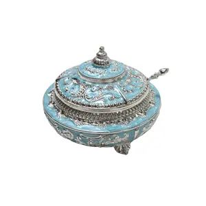 India Diwali Zinklegering Blue Enamel Suiker Pot Met Lepel Glazen Suikerpot