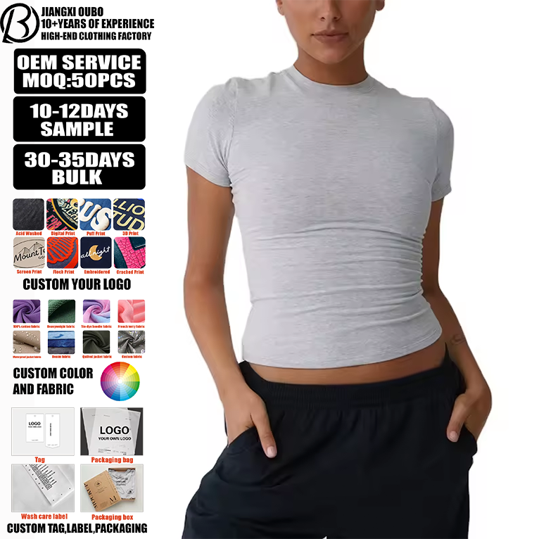 New Styles Custom Summer Gym Premium Slim Women's T-shirts Heather Grey Organic Cotton Baby T Shirt Fitted Cotton Crop Top