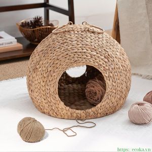 Eco-Friendly Handcrafted Water Hyacinth Cat House Woven Round Cat <b>Bed</b> <b>Cave</b> With Handles from Vietnam - Product Image 4