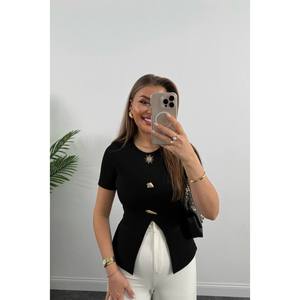 Blusa de punto elástica para mujer, elegante, con diseño asimétrico y accesorio para el sol, para uso diario - Product Image 1