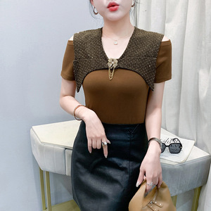 Estate nuova industria pesante francese tridimensionale Clinch t-shirt manica corta a balze <span class=keywords><strong>Top</strong></span> abbigliamento donna - Product Image 6