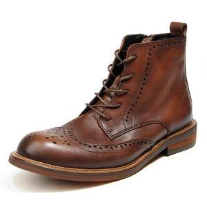 Bottes hautes brogues pour hommes en cuir marron avec motif sculpté, mi-mollet, respirantes, semelle adhésive, taille adulte 40-46 - Product Image 1