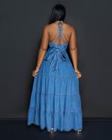 Robe en jean pour femme, nouvelle collection été, tendance et sexy, col en V, dos nu, vente en gros