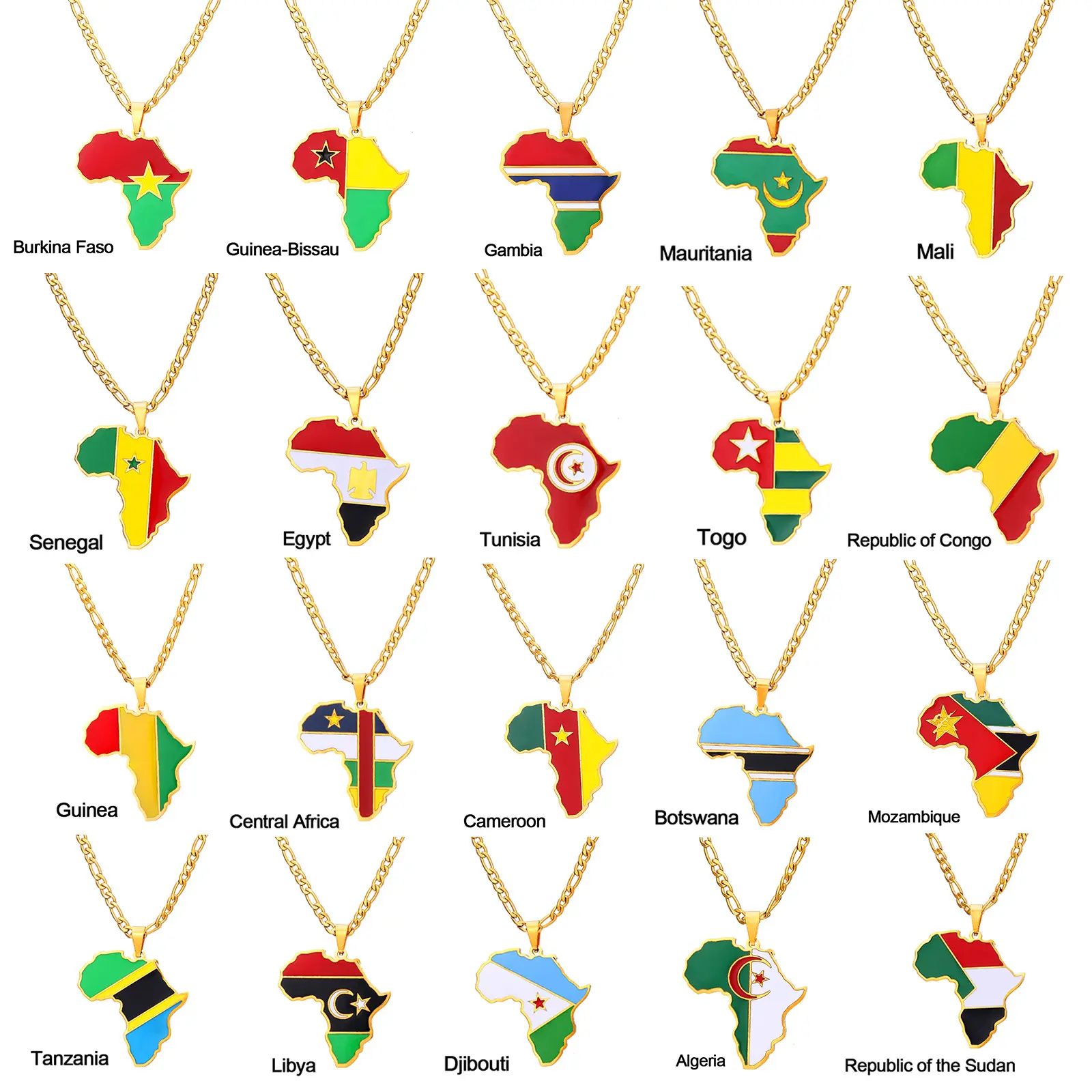 Africa Map Flag Pendant Necklace Gold Color Stainless Steel Ghana Nigeria Congo Somalia Angola Liberia African Jewelry Gift