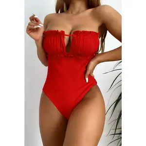 String Open Chest Sexy Girl Micro Bikini Off Shoulder Solid Color High Leg Swimsuit Women Sport Wear