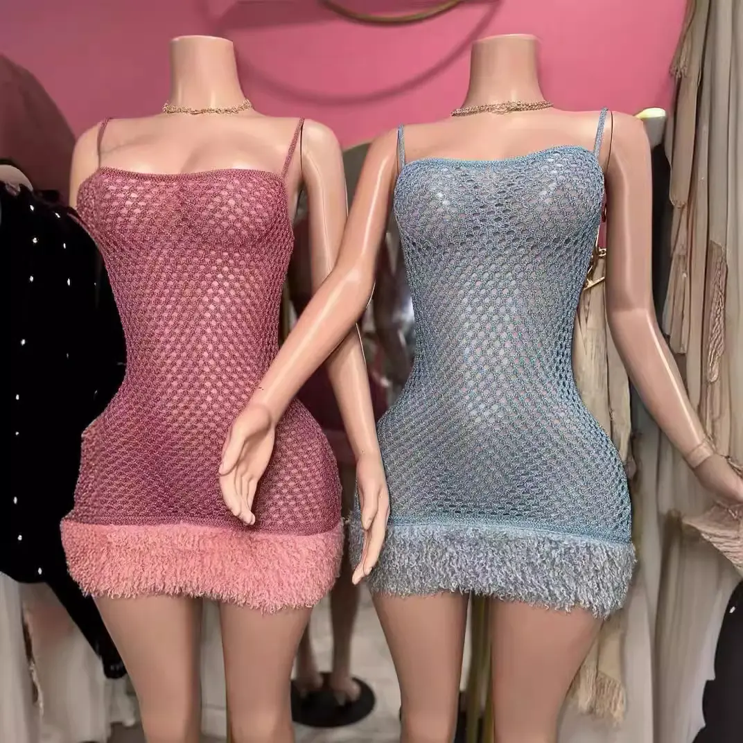 Bomblook C413DS01 gaun Mini rajut asli desain baru gaun Bodycon musim panas seksi klub pesta gaun bulu Cami padat untuk wanita 2024