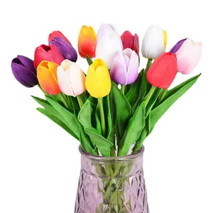 RS0097 34cm de alto solo tallo Artificial PU tulipán Real Touch tela de seda flores decorativas con hojas