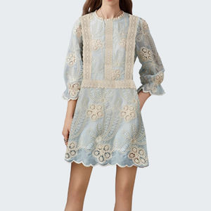 Wholesale new retro lace round neck <b>short</b> sleeve lace casual <b>dress</b> custom cotton embroidered mini <b>dress</b> - Product Image 3