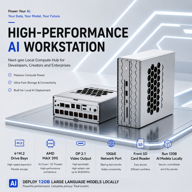 AI Workstation Mini PC AMD Ryzen AI Max+395 Strix Halo 128GB SSD LPDDR5x 70B Radeon 8060s Enterprise Desktop OEM ODM 3-Year