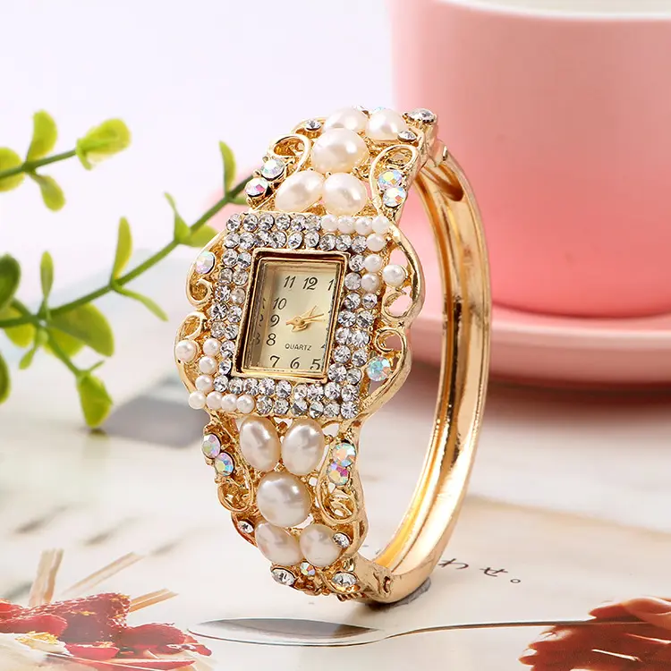 Relojes de cuarzo de lujo informales para mujer, joyería de perlas de oro, pulsera de acero, reloj de pulsera de aleación