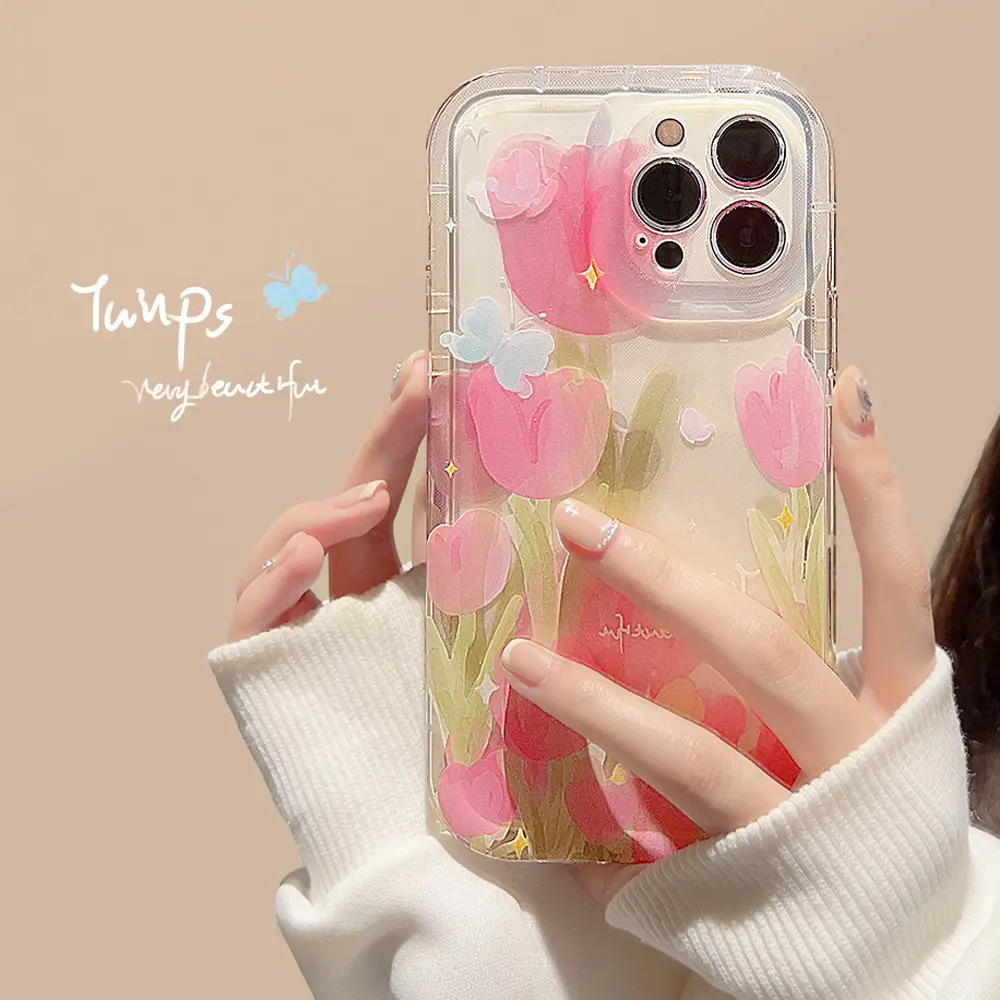 Voor Iphone 14 13 12 11 Pro Max Bumper Beschermer Cover Mooie Roze Tulpen Schilderij Transparant Tpu Mobiele Telefoon Case