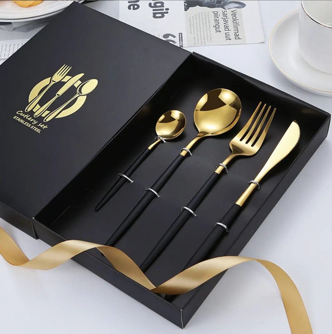 Amazon Best Selling fork and spoon Stainless Steel Knife Fork Spoon set 4pcs Gold Flatware Luxury Cutlery Set With Stand