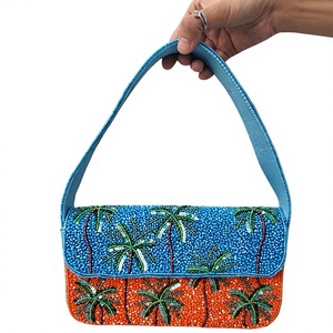 Bolso de Hombro Artesanal con Cuentas de Palmera, Diseño Tropical de Atardecer en la Playa, Azul y Naranja, Bolso de Mano para Resort, Venta al por Mayor, OEM, Marca Privada - Product Image 1