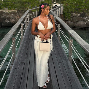 Crossed Halter Knitted Sweater And Long Skirt <b>Set</b> Backless Hollow Out <b>2</b> <b>Piece</b> Solid Color Bikini Beachwear <b>White</b> - Product Image 2