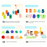 Jouet éducatif en bois 4-en-1 : planche d'apprentissage des nombres pour enfants avec jeu de pêche, reconnaissance des formes et des animaux