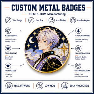 Pin de esmalte duro personalizado con personaje celestial de pelo plateado, chapado en oro, redondo, estilo anime, insignia de solapa de metal, OEM ODM - Product Image 4