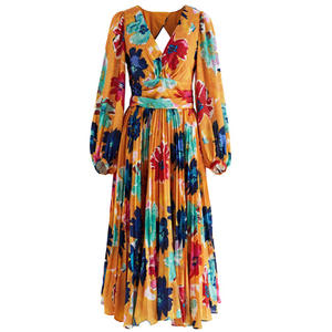 เดรสพลีทคลุมเข่าพิมพ์ลายเอววินเทจสำหรับผู้หญิงเดรสพลีทผ้าชีฟองคอวีทรงมนสำหรับงานปาร์ตี้ท่านผู้หญิง - Product Image 1