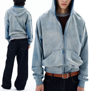 KingSen OEM Sweat à capuche zippé pour homme, hiver, délavé à l'acide, brodé, effet vieilli, en molleton bouclette 100% coton, coupe ample, respirant - Product Image 1