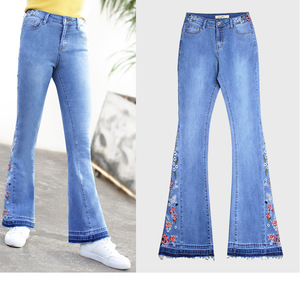 Jeans en denim de haute qualité pour femmes, taille EU, jeans brodés de <span class=keywords><strong>fleurs</strong></span> à fond cloche - Product Image 4