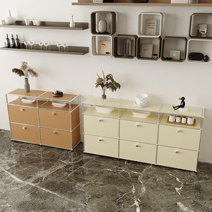 Armoire de <span class=keywords><strong>rangement</strong></span> de style vintage crème pour salon avec 4 tiroirs et 5+ compartiments, design modulaire en acier inoxydable - Product Image 3