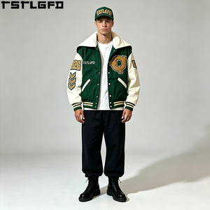 Cut And Sew Varsity <b>Jacket</b> <b>Rhinestone</b> Applique Green Wool Leather Sleeve Letterman Baseball <b>Jacket</b> Wholesale Bulk - Product Image 1