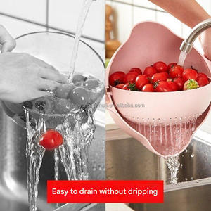 Bol de lavage et d'égouttage pour fruits et légumes, panier d'égouttage rond rotatif à double couche en plastique, <span class=keywords><strong>passoire</strong></span> de cuisine - Product Image 3