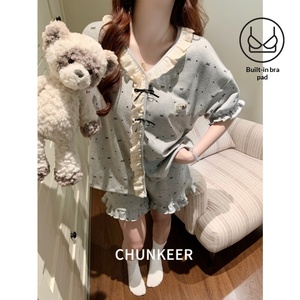 Pigiama Estivo da Donna in Imitazione Cotone Traspirante con Scollo a V, Maniche Corte, Stile Dolce e Casual <span class=keywords><strong>per</strong></span> Casa - Product Image 1