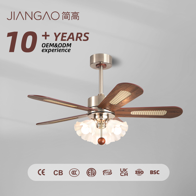 New Design French Ruffle Fabric Shade Ceiling Fan Light Rattan Inlaid 5 Blades Vintage Chandelier for Living Room Home Decor