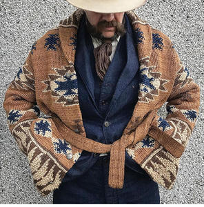 Suéter Cárdigan Estilo Occidental Retro Azteca Étnico Local de Otoño Invierno, Tejido Jacquard, Cuello de Solapa con Botones, Largo Completo, Estándar - Product Image 2