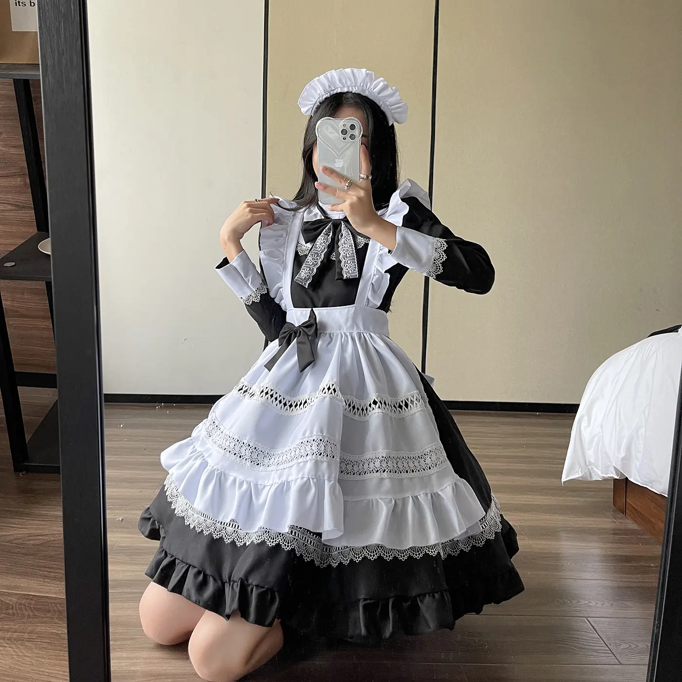 Plus Size Lolita Vestido Anime Cosplay Escola Menina empregada Uniforme Goth Lolita Preto Branco Vestido Medieval Manga Longa Avental Outfits