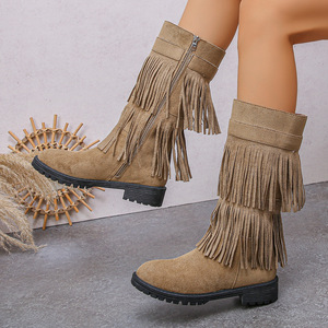 Mode européenne américaine mi-mollet <span class=keywords><strong>bottes</strong></span> en <span class=keywords><strong>daim</strong></span> femmes grande taille rétro talon mince sans lacet gland chevalier <span class=keywords><strong>bottes</strong></span> hauteur - Product Image 2