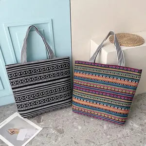 National stripe style cheap simple design canvas handbag shopping storage carrying shoulder beach tote bag with zip