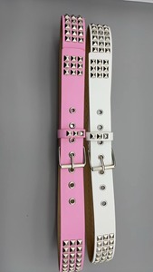合金バックル3列ピラミッドスタッズ付きパンクロックスターレディースブラックPUレザーベルト（高品質） - Product Image 5