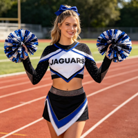 Uniforme de cheerleading avant-gardiste bleu et noir, orné de strass, avec haut court à manches longues et jupe asymétrique pour équipe de cheerleading