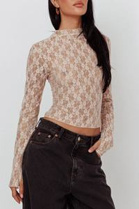 <b>Women's</b> Lace Crop <b>Top</b> Long Sleeve <b>Roll</b> <b>Neck</b> Floral Pattern Sheer Blouse Regular Fit All Seasons Chic Style - Product Image 2