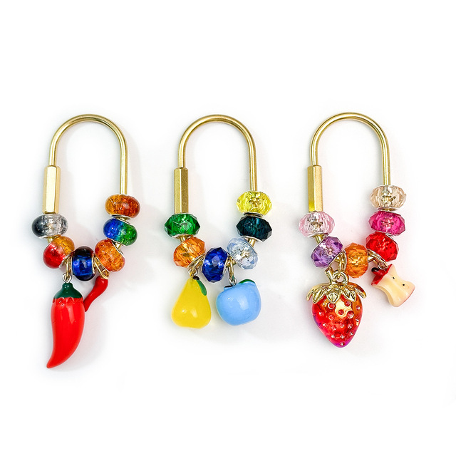 Cute Fruit Chili Beaded Carabiner Keychain Beads Bag Charm with Strawberry/Apple/Pear Charms Phone & Key Strap for Girls