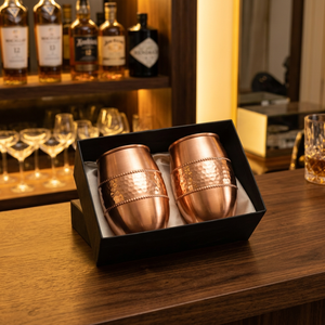 Copper Drinkware <b>Gift</b> Set Hammered Metallic Cups <b>Boxed</b> Presentation for Tea Coffee Rituals - Indian Home Crafts - Product Image 1