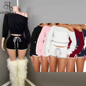 Lässige Damen Outfits Solid Off Showlder Crop Top und Kordel zug Shorts 2-teilige Sets - Product Image 1