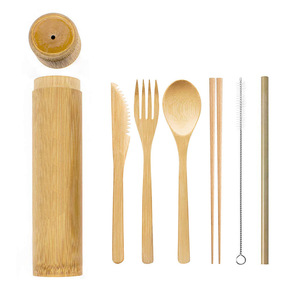 <span class=keywords><strong>Set</strong></span> di posate portatile in bambù tradizionale (cucchiaio, forchetta, coltello, spazzolino) con custodia per viaggi, campeggio, feste e ristoranti - Product Image 3