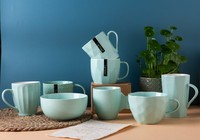 Service de table créatif en grès bleu-vert, motif dessin animé, compatible lave-vaisselle, portable, réutilisable, finition craquelée, pour la cuisine