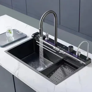 New Modern Design Handmade Stainless Steel Waterfall Kitchen Sink Smart Multifunctional Thickening Single Slot Sink For Kitchen