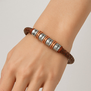 DIY Jewelry POD Allows Customization Engraved Text Combination Stainless Steel Beads <b>String</b> <b>Bracelet</b> for Women Genuine leather - Product Image 3