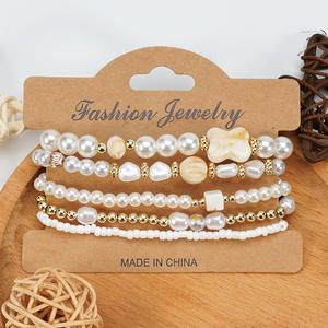 Fashion Jewelry Pearl <b>Beaded</b> <b>Bracelets</b> White Round Shape AA Grade Women's Wedding Elastic Multi Layered Set Made In China - Product Image 4