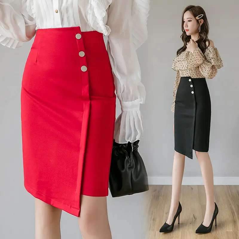 Online Shopping Cheap Straight Midi Skirt Buttons Decoration Asymmetrical Skirts