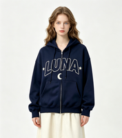 Sweat à capuche zippé surdimensionné pour femme avec broderie étoile et lune, style preppy